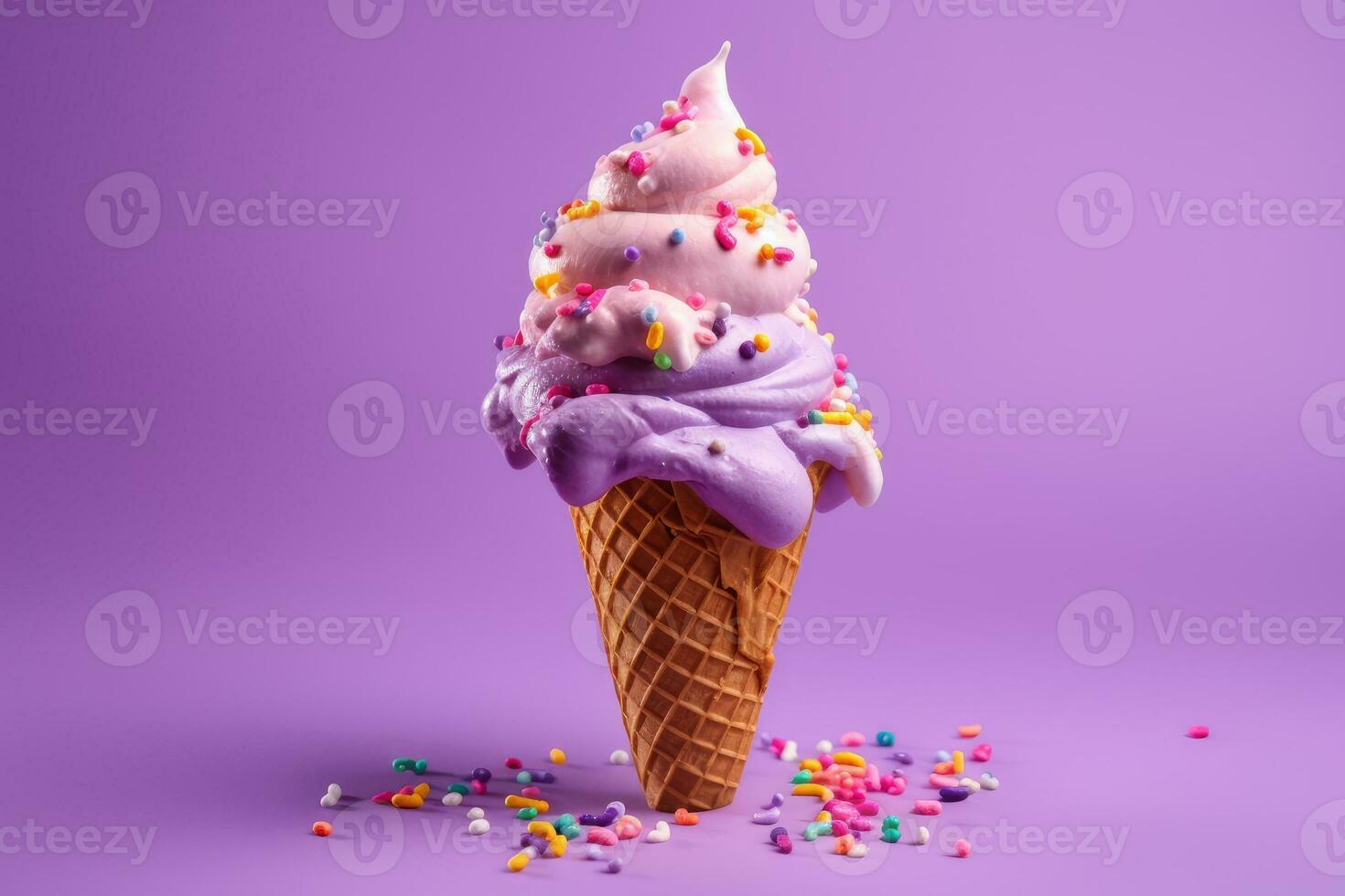Colorful ice cream cone on purple background. Generative AI photo