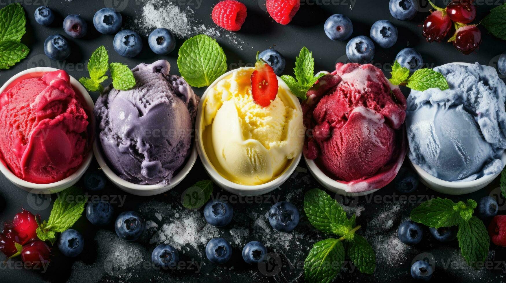 Various of ice cream flavor whit fresh blueberry, strawberry, kiwi, lemon, vanilla setup on rustic background. photo