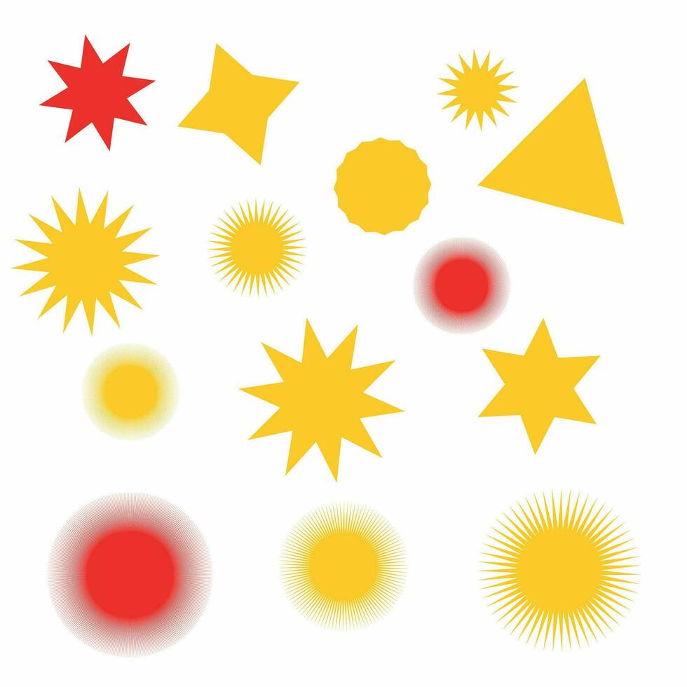 a set of yellow and red stars and suns, Brutalist bold geometric shapes. New modern elements, abstract minimalist art design swiss style. Vector illustration.