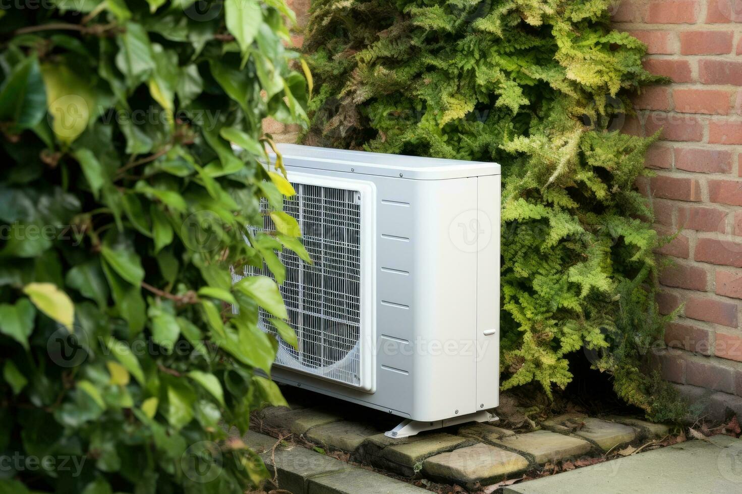 Air source heat pump installed in residential building. Generative AI photo