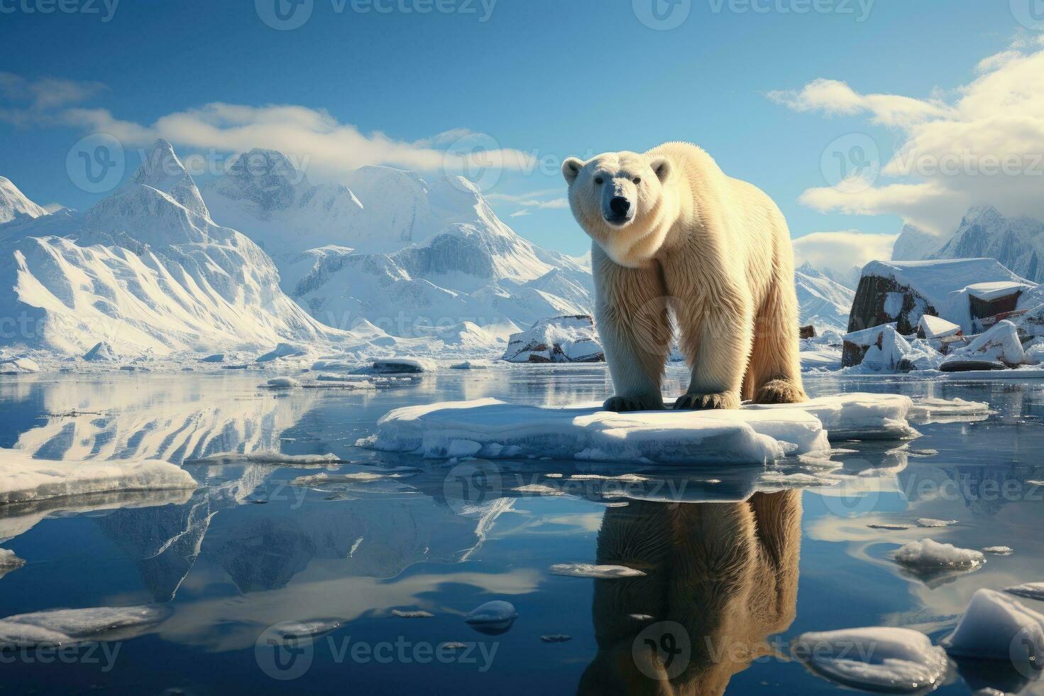 Polar bear on melting ice floe in arctic sea, digital ai. photo