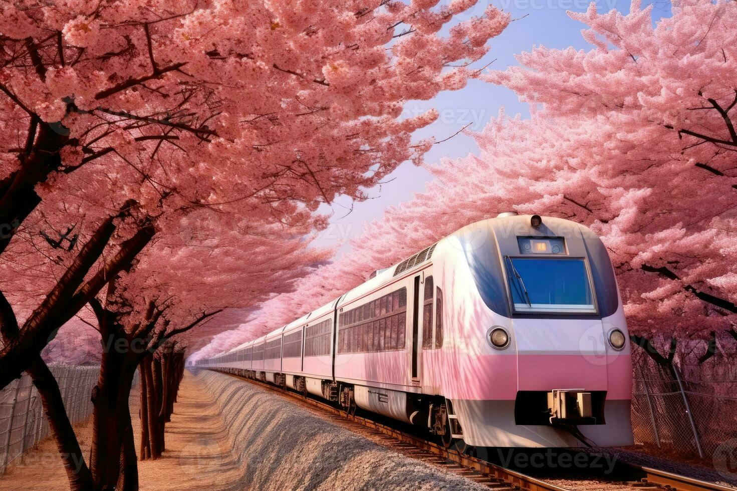 Railway in Beijing, China, train near cherry blossoms in spring photo