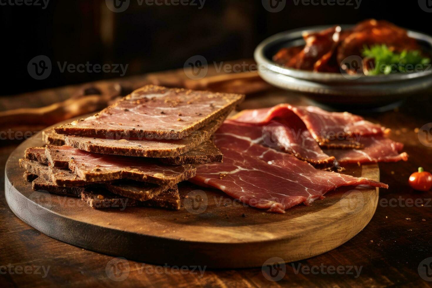 Slices of dried beef on a wooden board. Generative AI photo