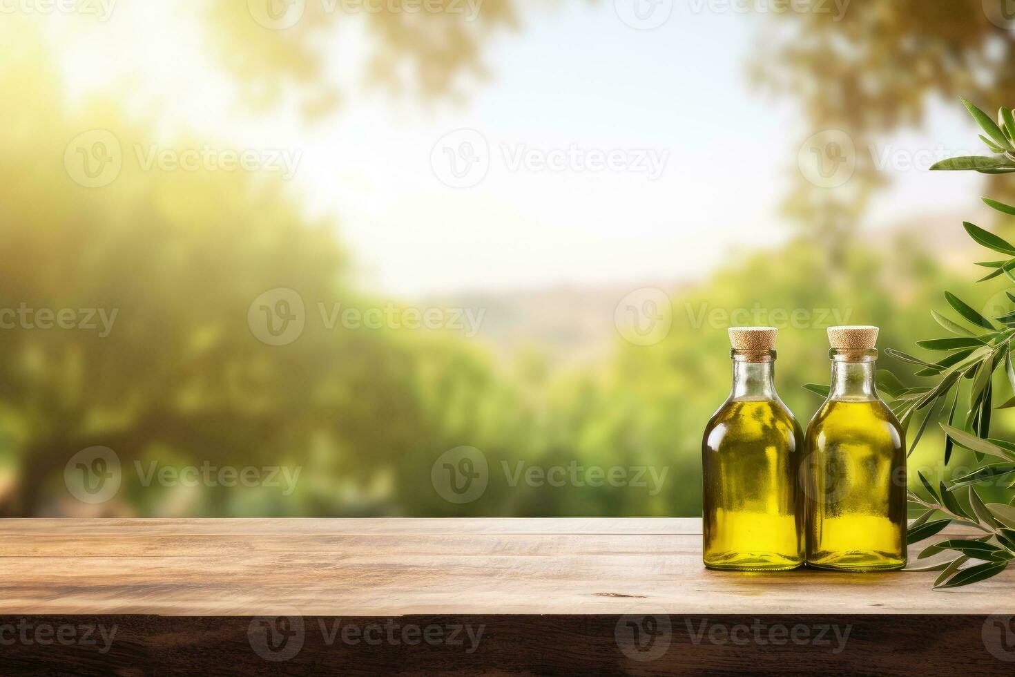 antiguo de madera producto monitor mesa con natural verde aceituna campo y aceituna petróleo foto