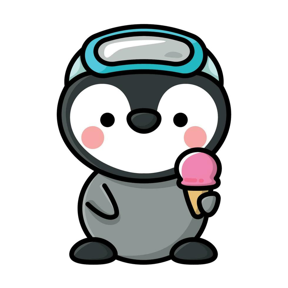 A CUTE BABY PENGUIN IS WEARING SWIMMING GLASSES AND HOLDING AN ICE CREAM VECTOR