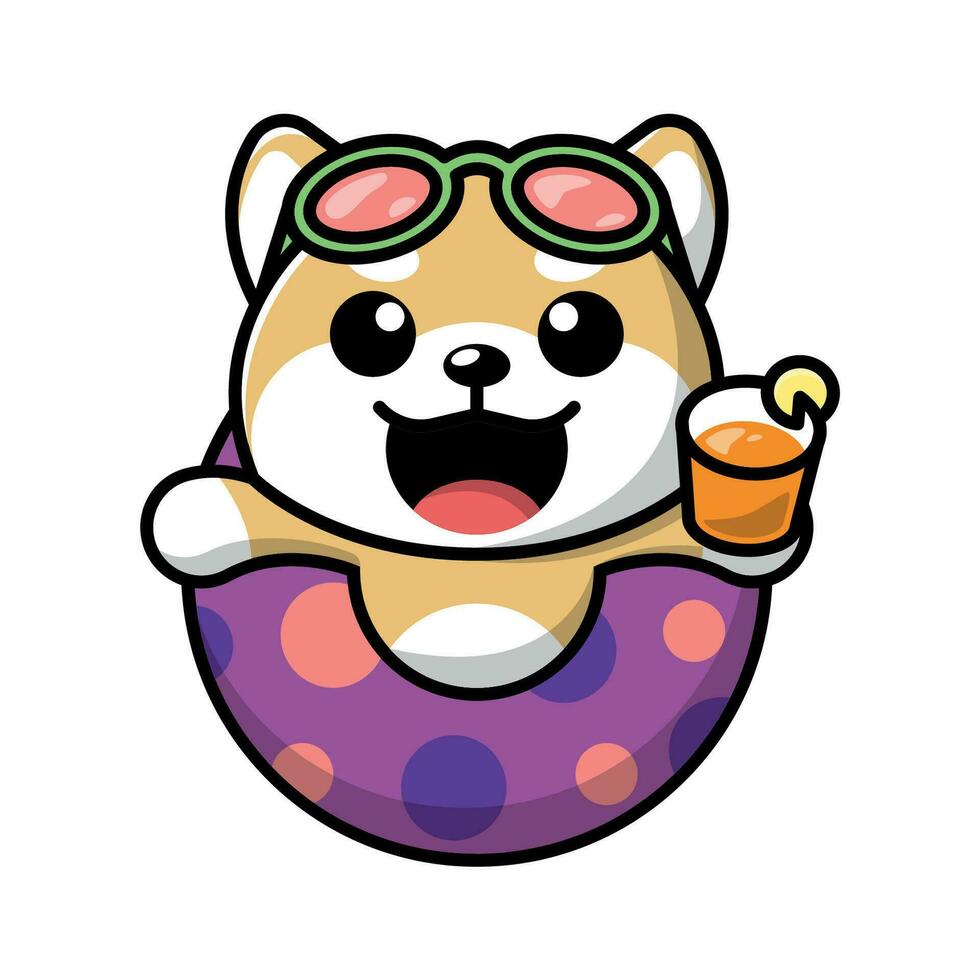 A CUTE SHIBA IS WEARING SWIMMING POOL RING AND HOLDING A GLASS OF JUICE VECTOR