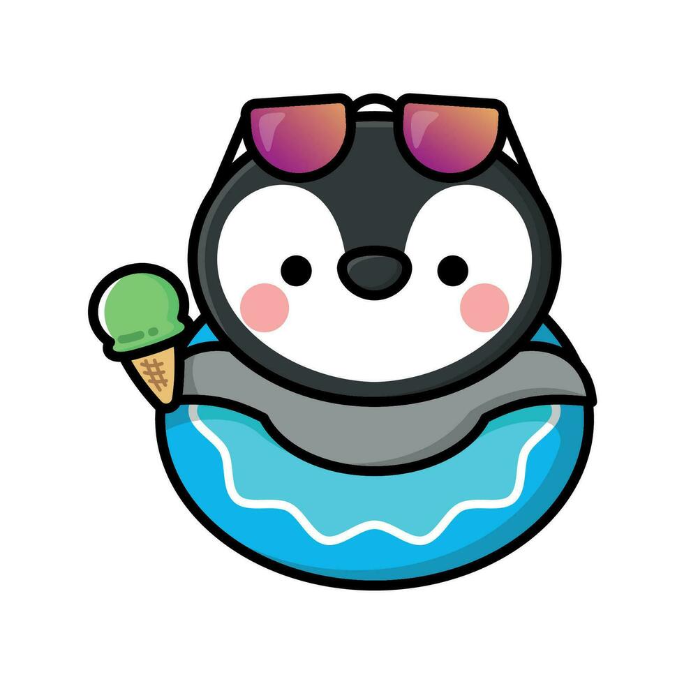 A CUTE BABY PENGUIN IS RELAXING ON A SWIMMING RUBBER CARTOON VECTOR