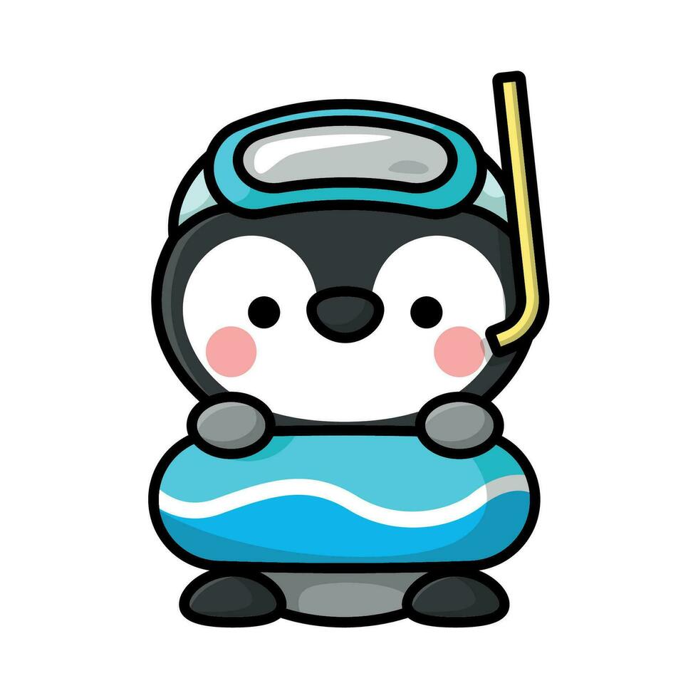 A CUTE BABY PENGUIN IS WEARING SWIMMING GLASSES AND RUBBER CARTOON VECTOR