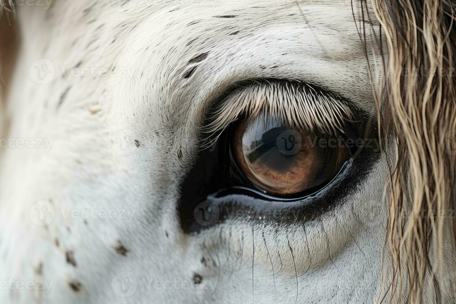 A close up view of the head and eye of an Andalusian horse. Generative AI photo