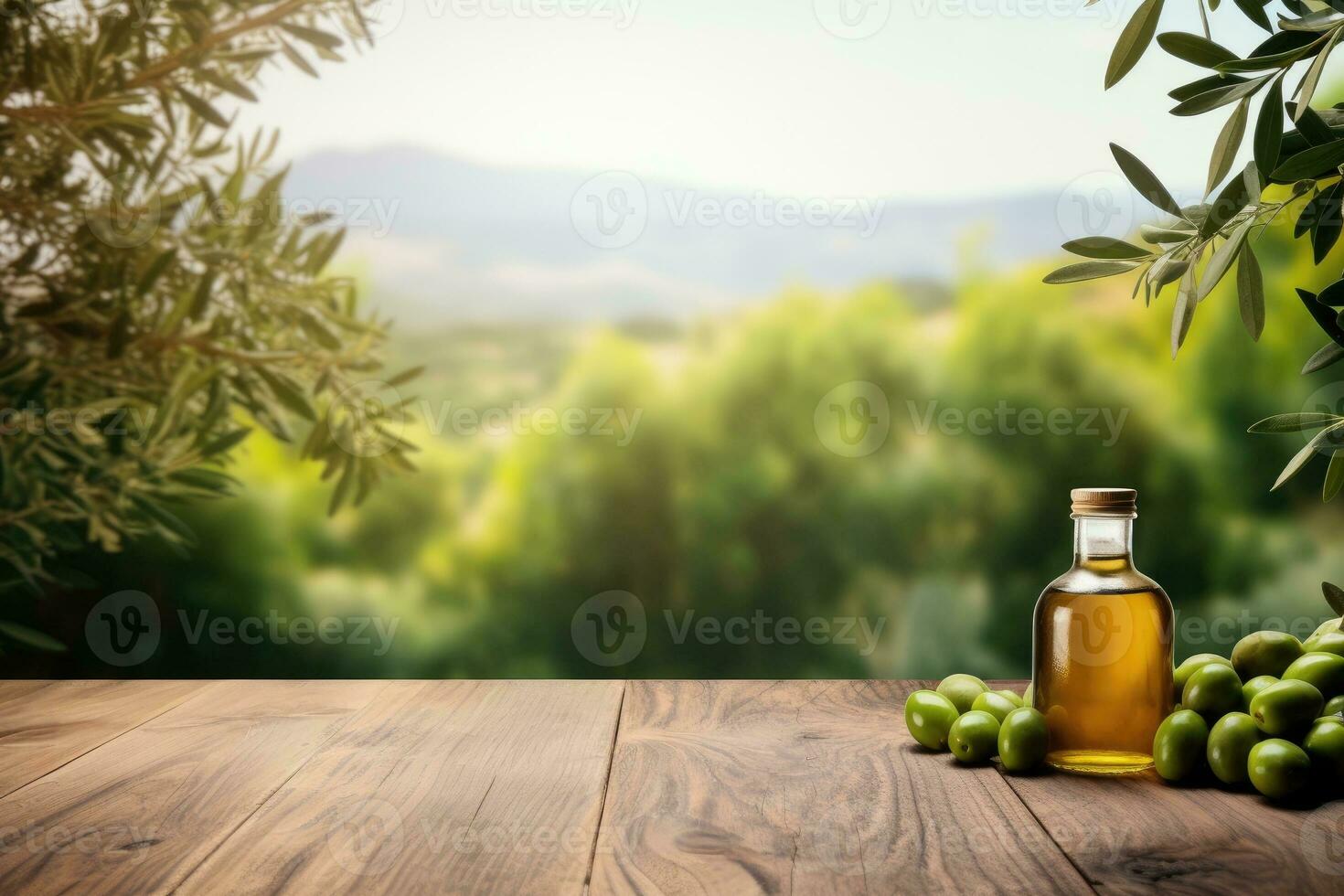 Old wooden product display table with natural green olive field and olive oil photo
