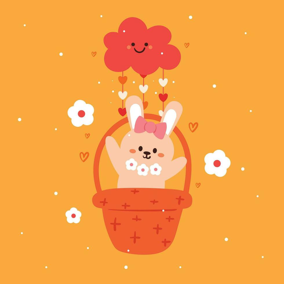 hand drawing cartoon bunny inside a basket with cute little pink cloud, flower and heart vector