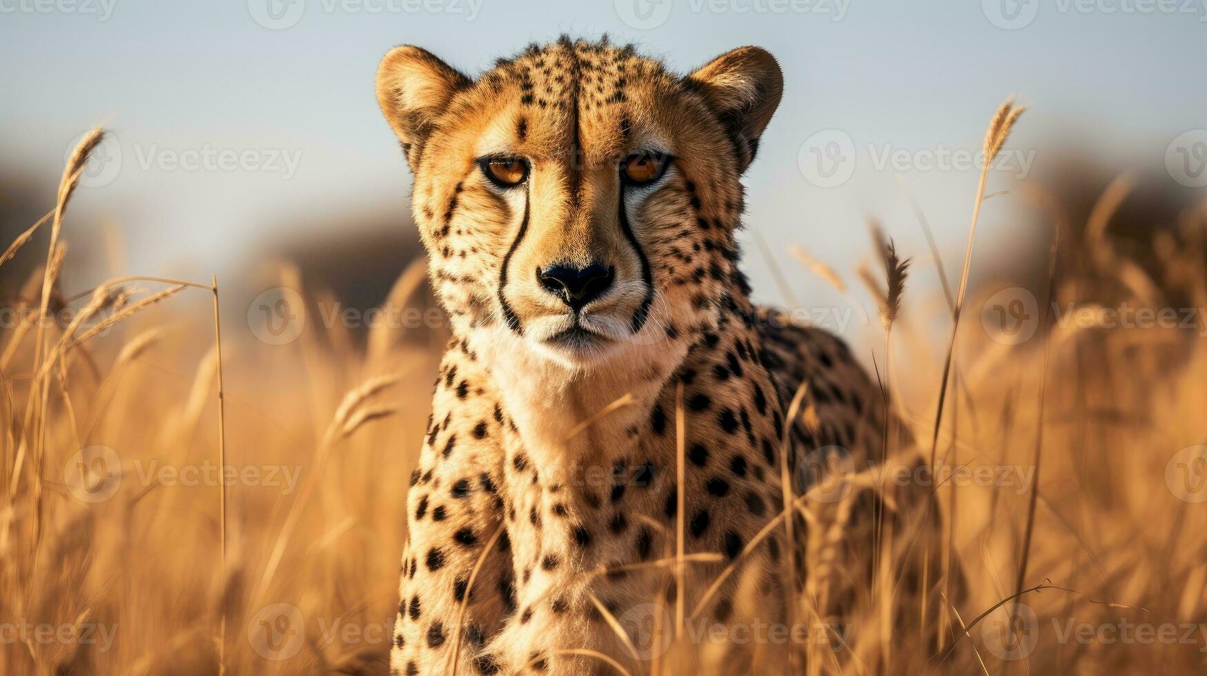 Cheetah, Acinonyx jubatus stands in long grass in savannah. Generative AI photo