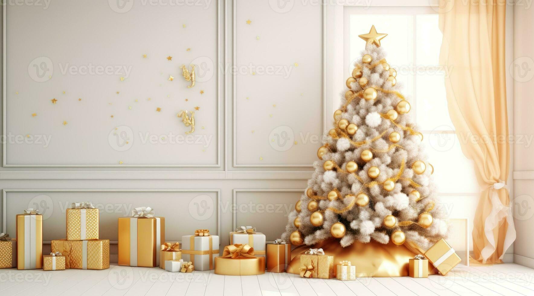 Christmas tree with golden baubles and presents on floor. Merry Christmas holiday photo