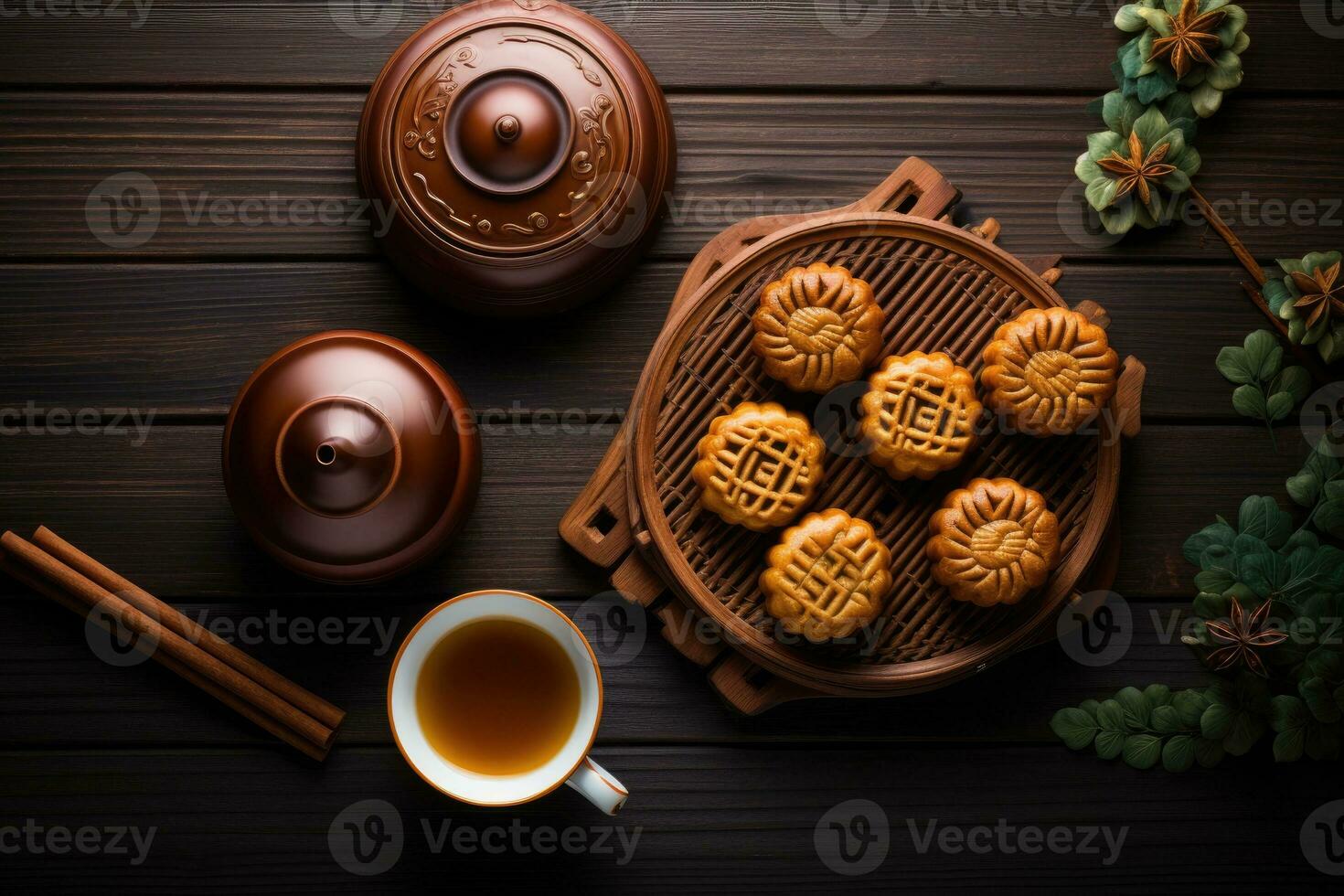 Top view of traditional moon cakes, tea pot and cups on table photo