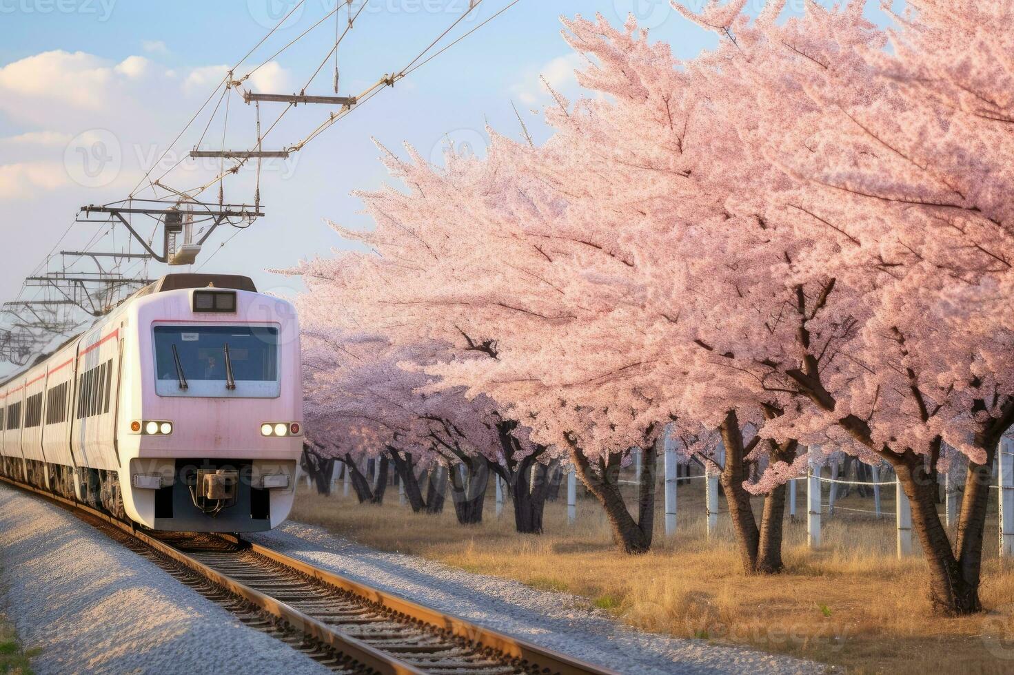 Railway in Beijing, China, train near cherry blossoms in spring photo