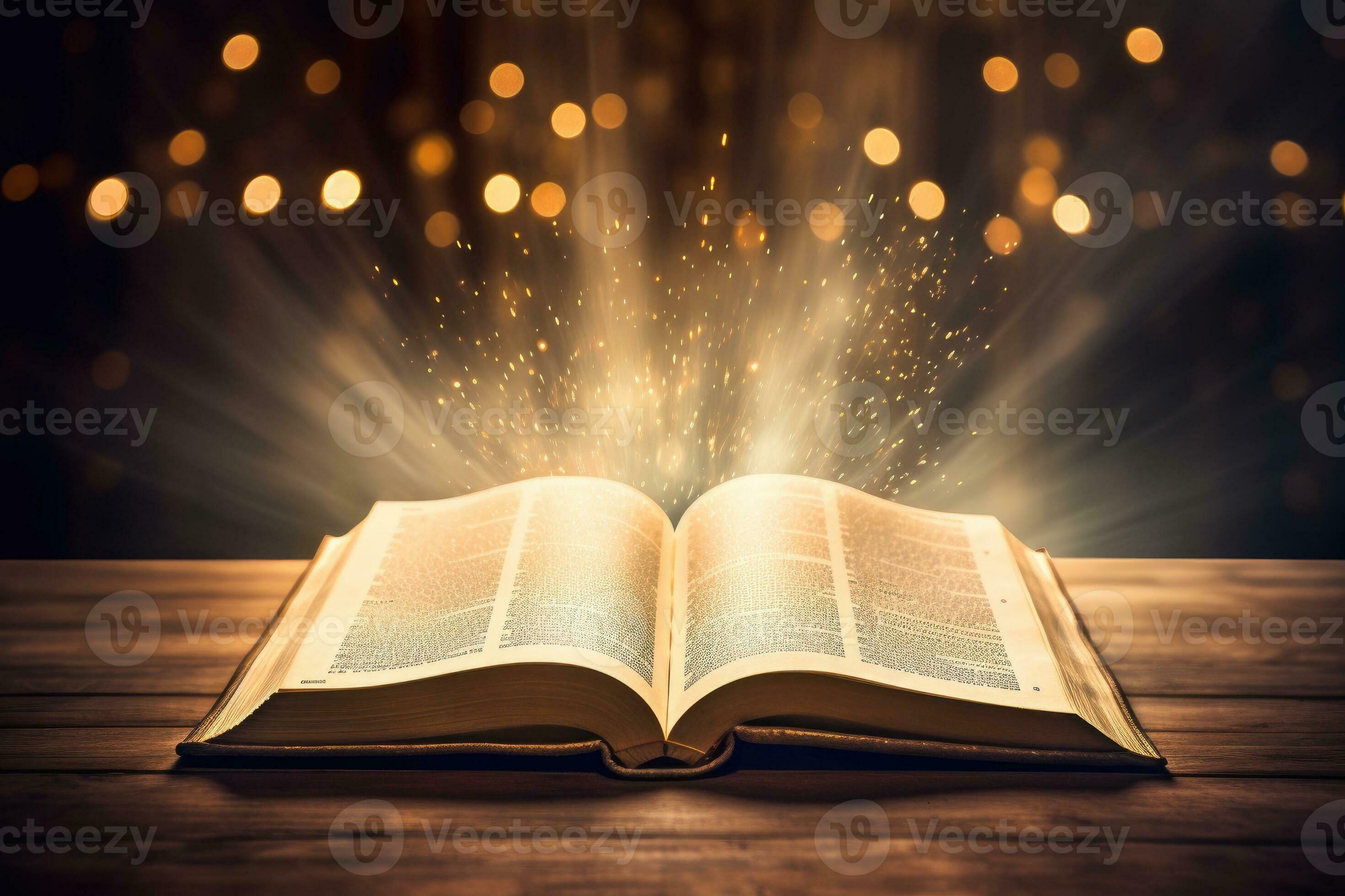 Open holy bible book with glowing lights in church 26781324 Stock