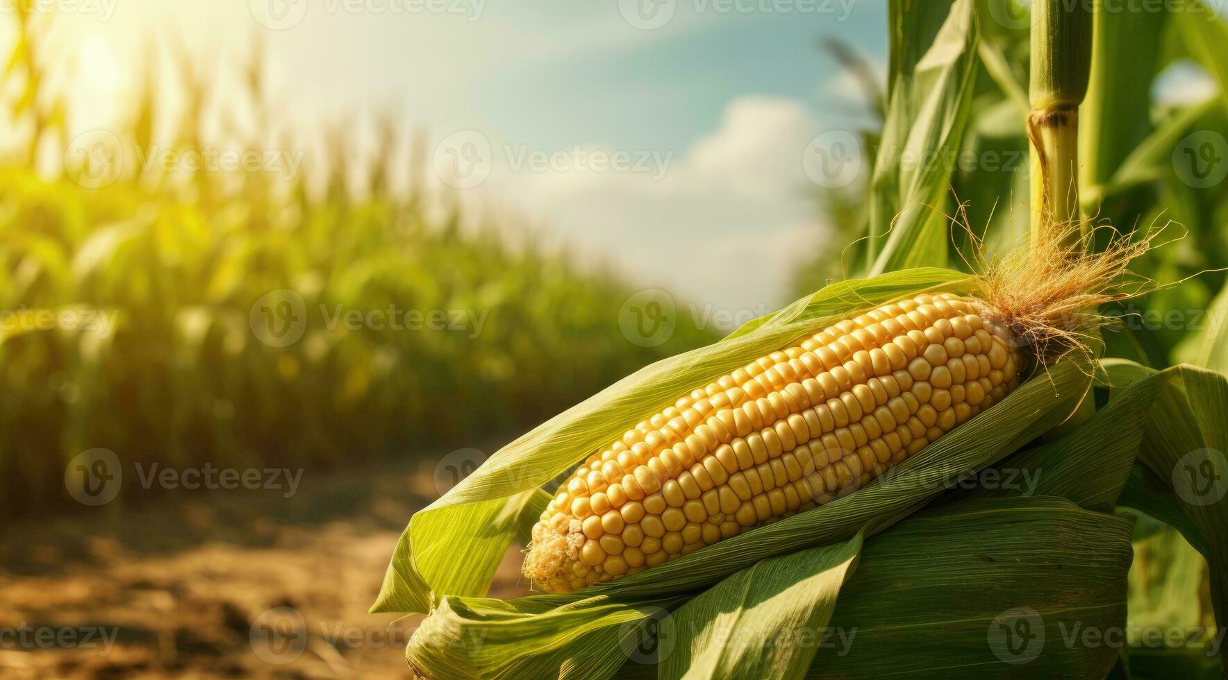 Corn cobs in agriculture field. Generative AI photo