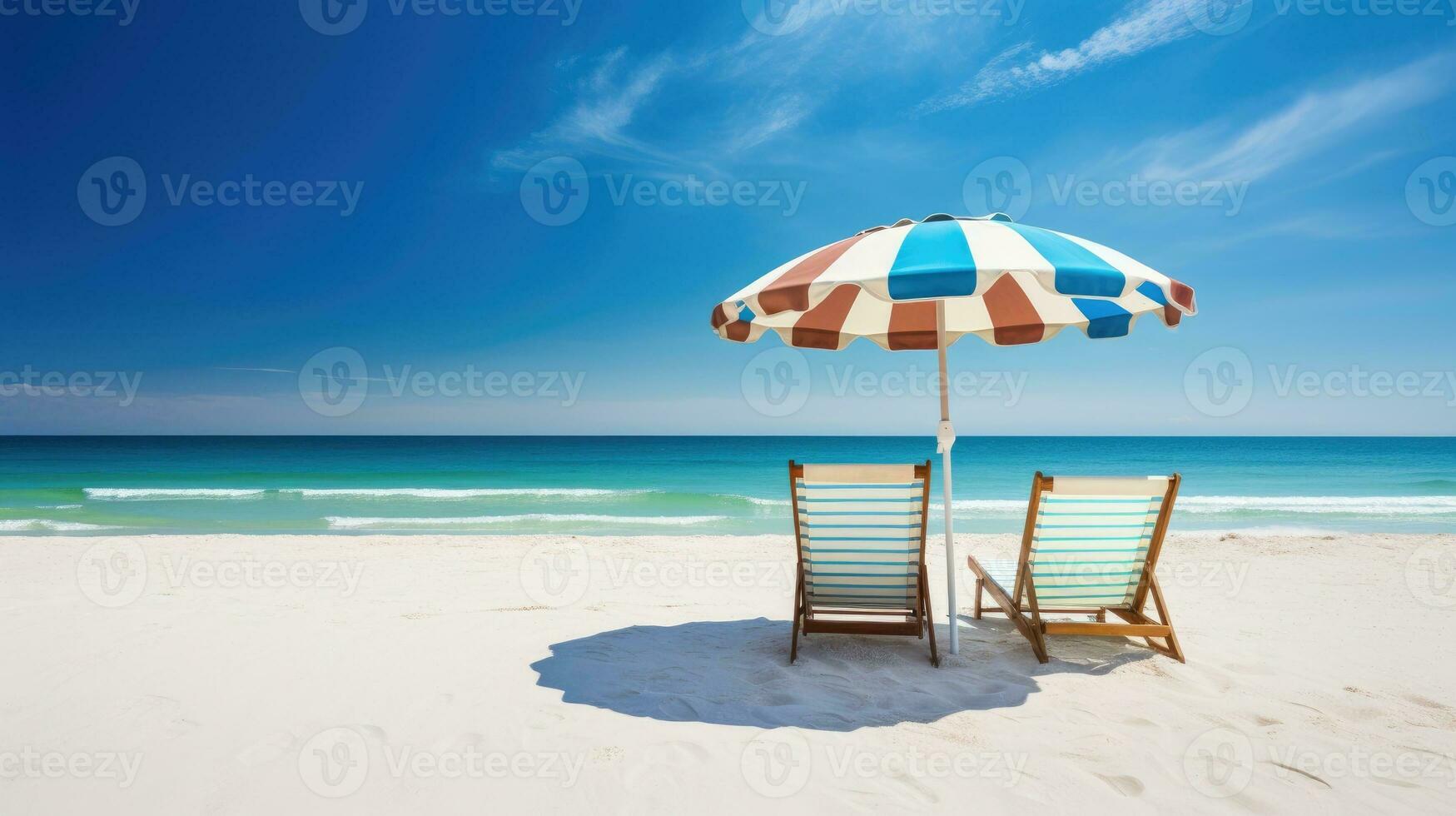 Beach chairs and umbrella on a white sandy beach. Generative AI photo