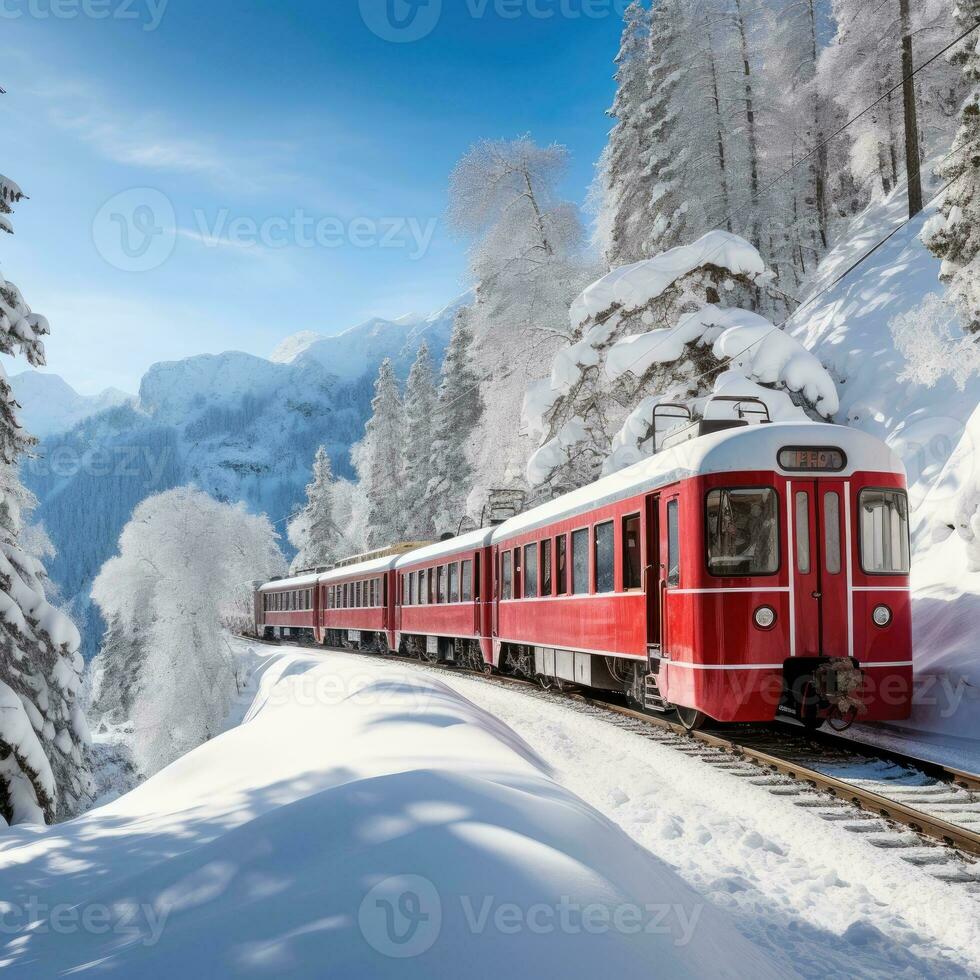 Bernina Express passes through the snowy woods, Switzerland. Generative AI photo