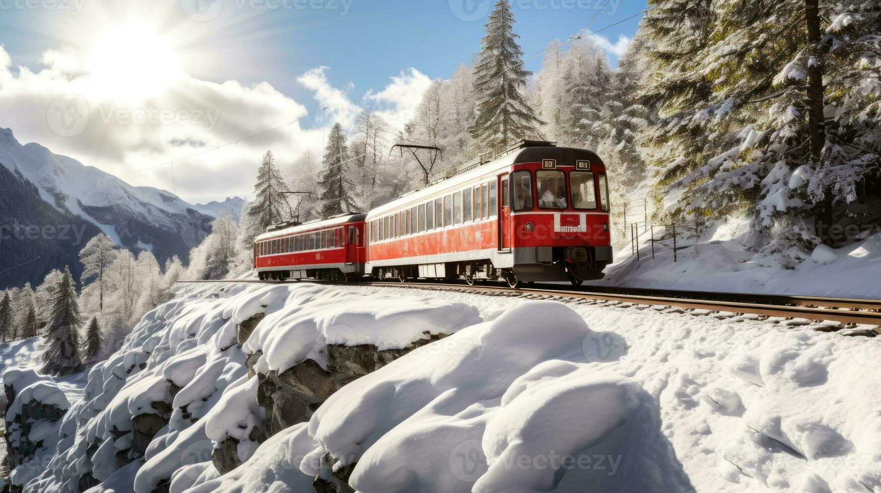 Bernina Express passes through the snowy woods, Switzerland. Generative AI photo