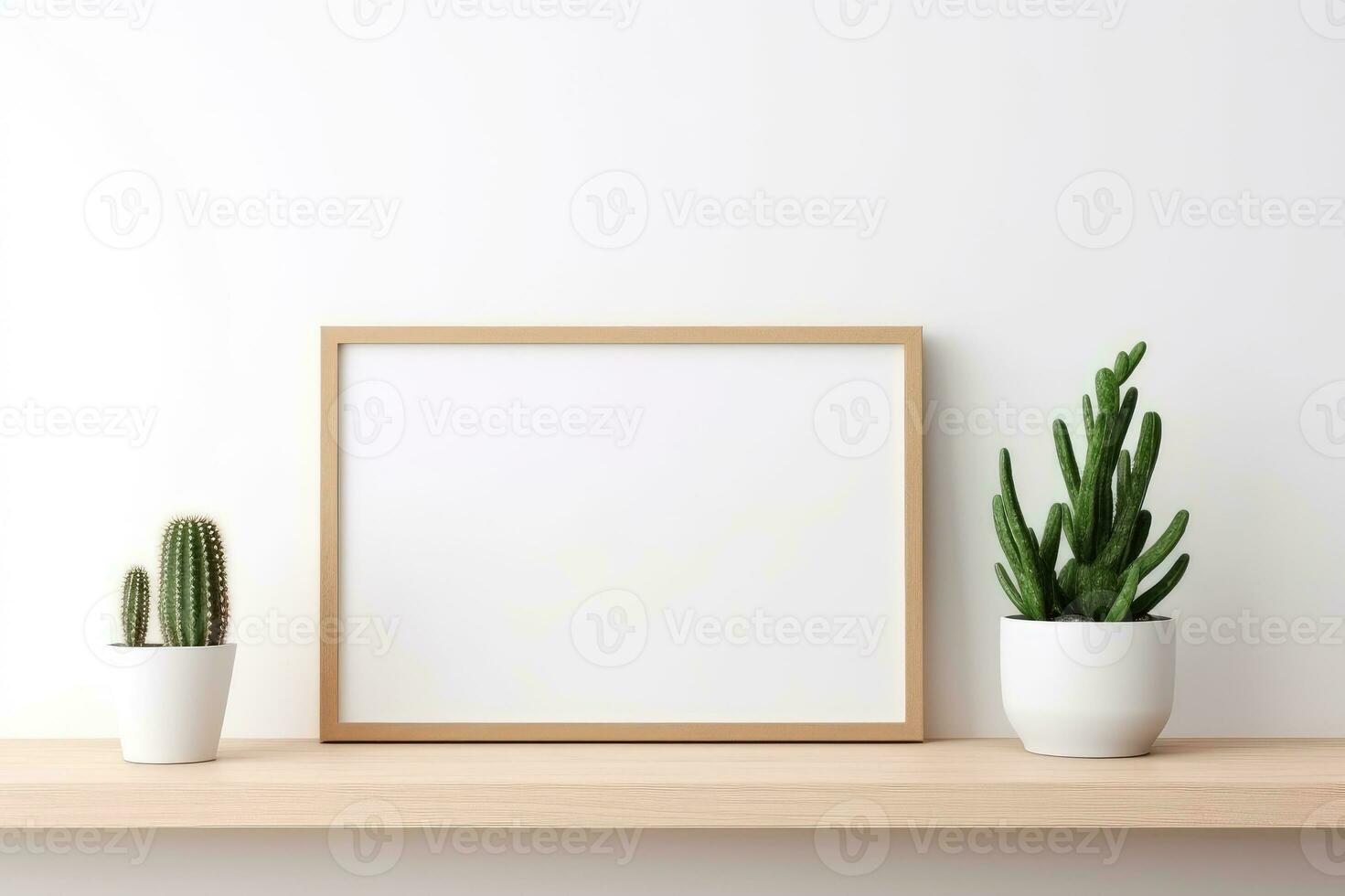 Blank picture frame mockup on wall in modern interior. Artwork template mock up in interior design with trendy vase, digital ai. photo