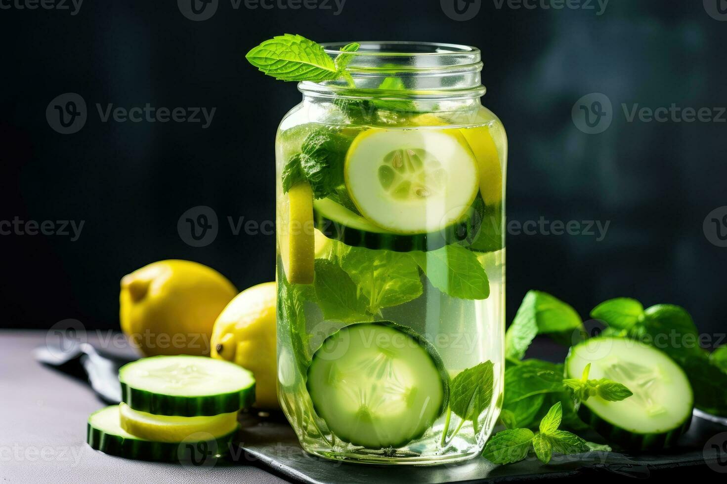 Cold drink with cucumber and lime. Infused cucumber drink with mint. Detox water. photo