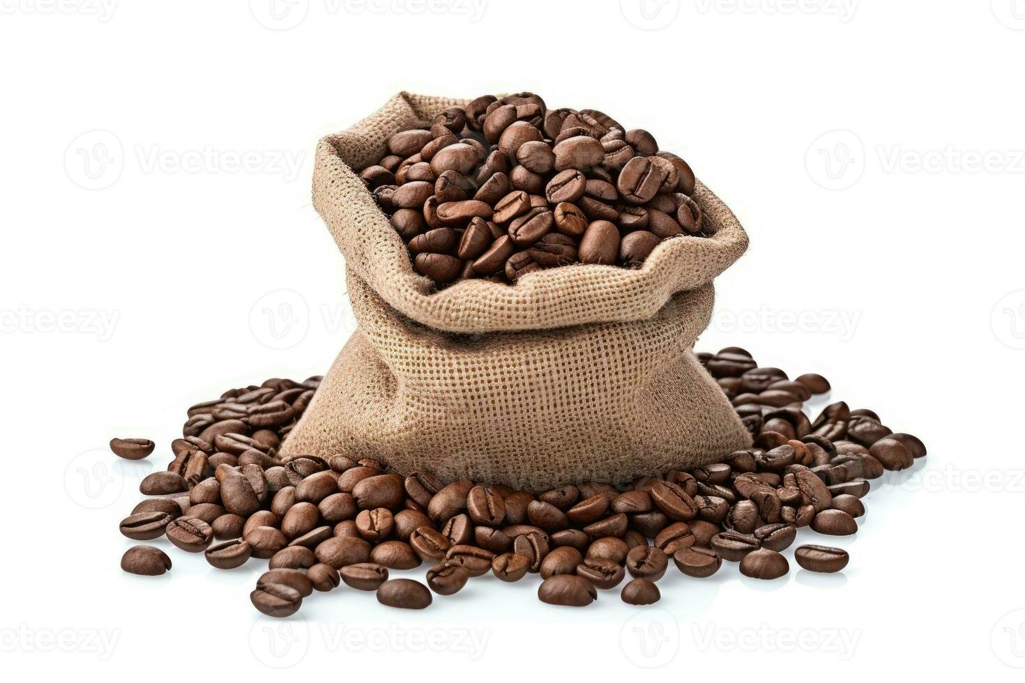 Coffee beans in a jute sack isolated on white background. photo