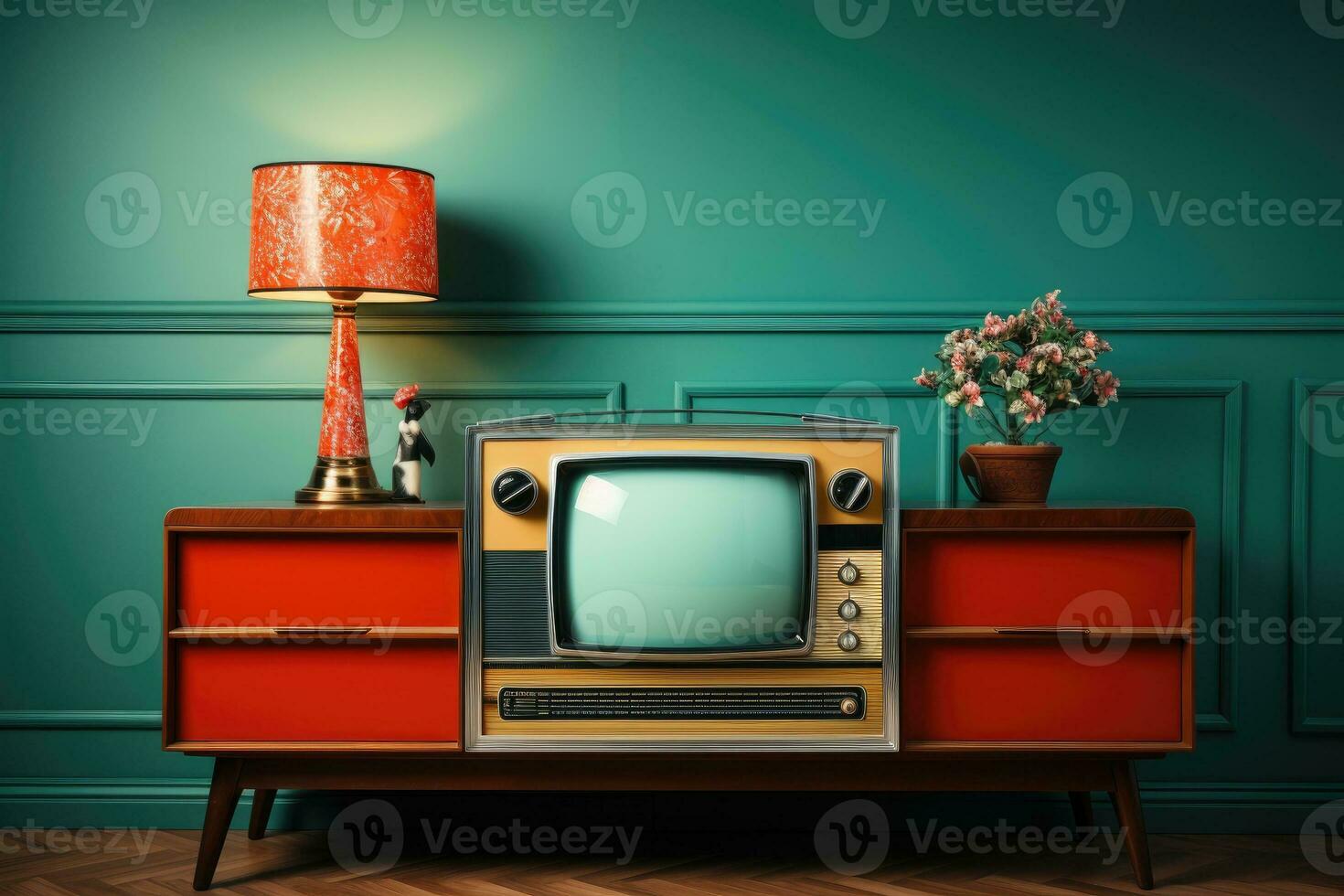 Vintage TV against the wall. Retro style. Generative AI photo