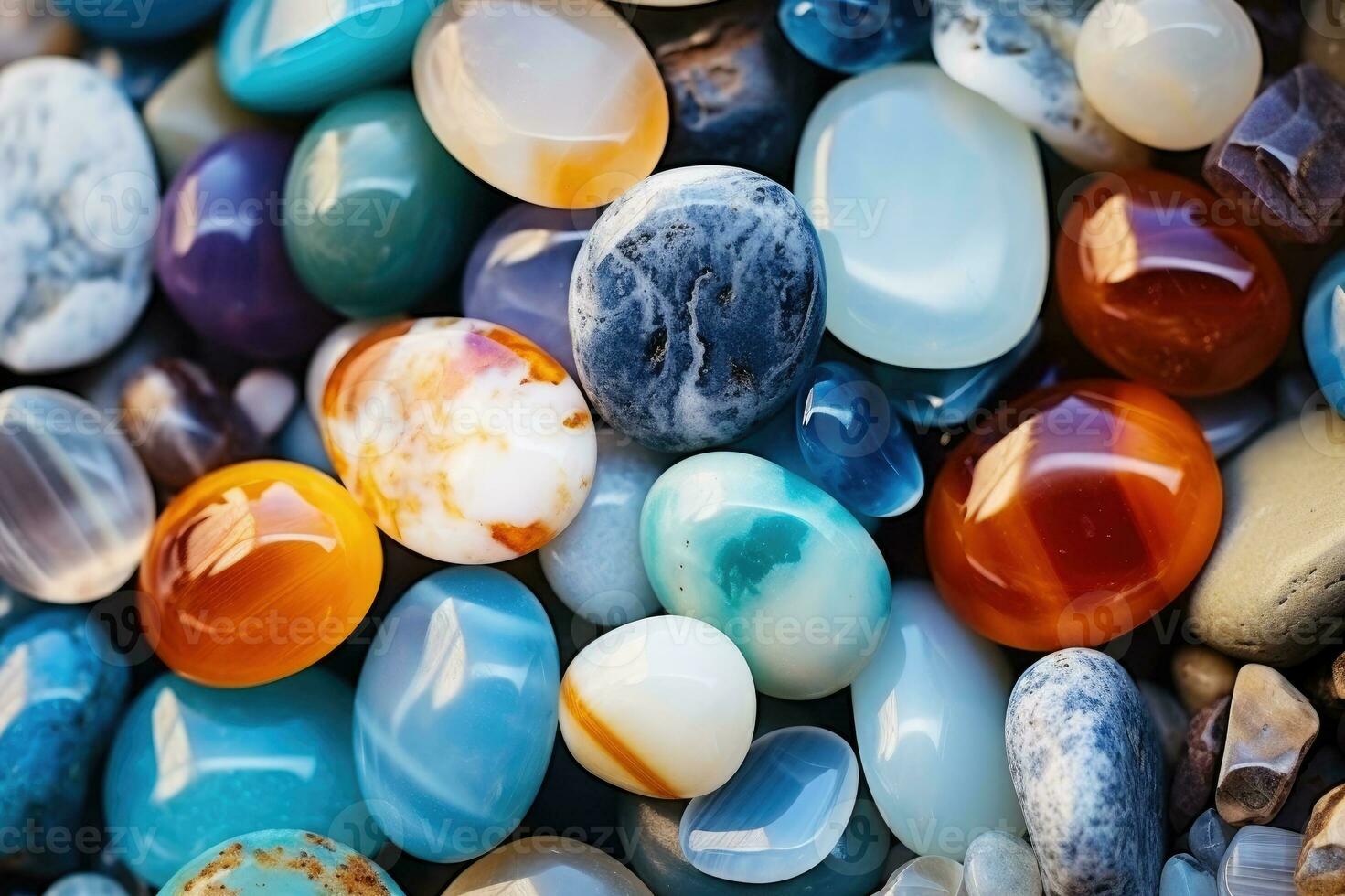 Beach gemstones. Pile of precious stones. Natural material for interior design, digital ai. photo