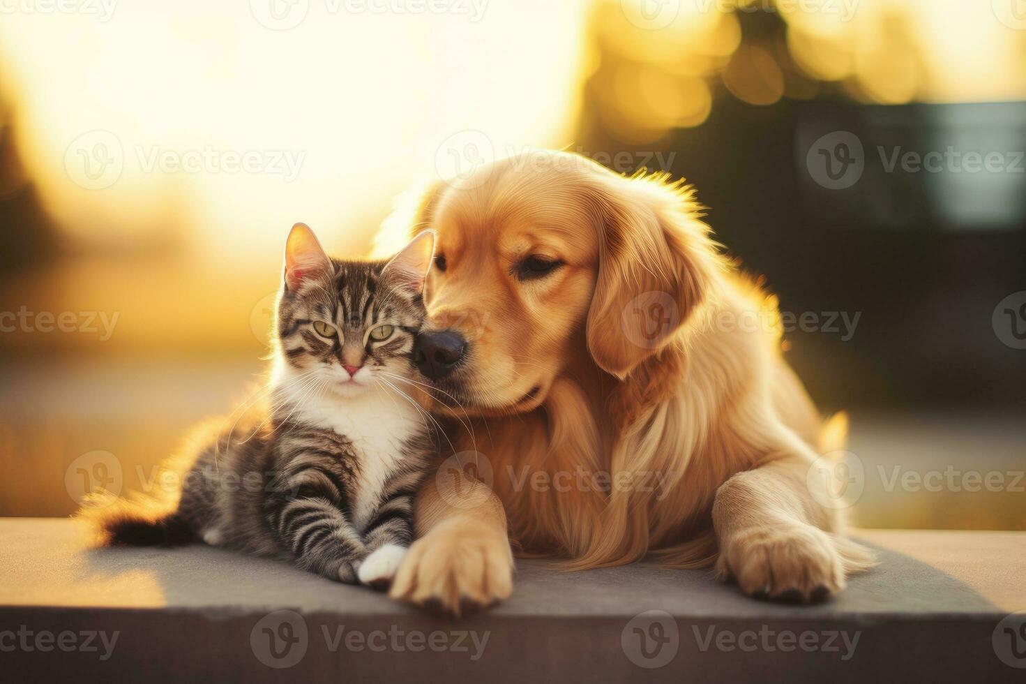 Retriever dog with a cat. Beautiful lovely pets. Generative AI photo