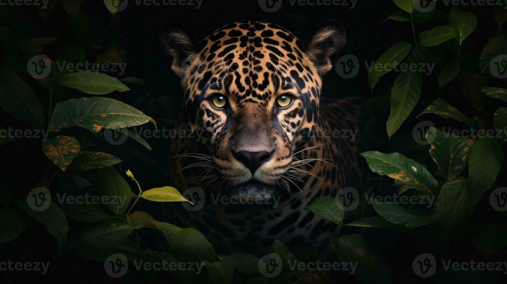 Head of a jaguar among the leaves in the jungle, Panthera onca. Generative AI photo