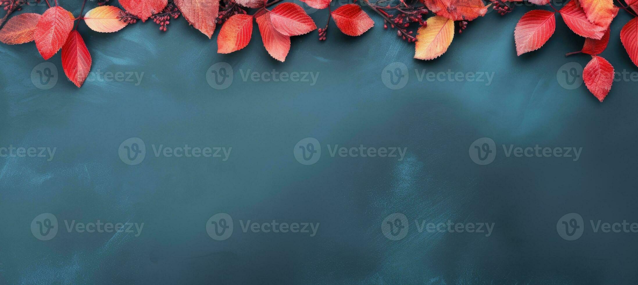 Autumn background with colored leaves on blue background. Generative AI photo