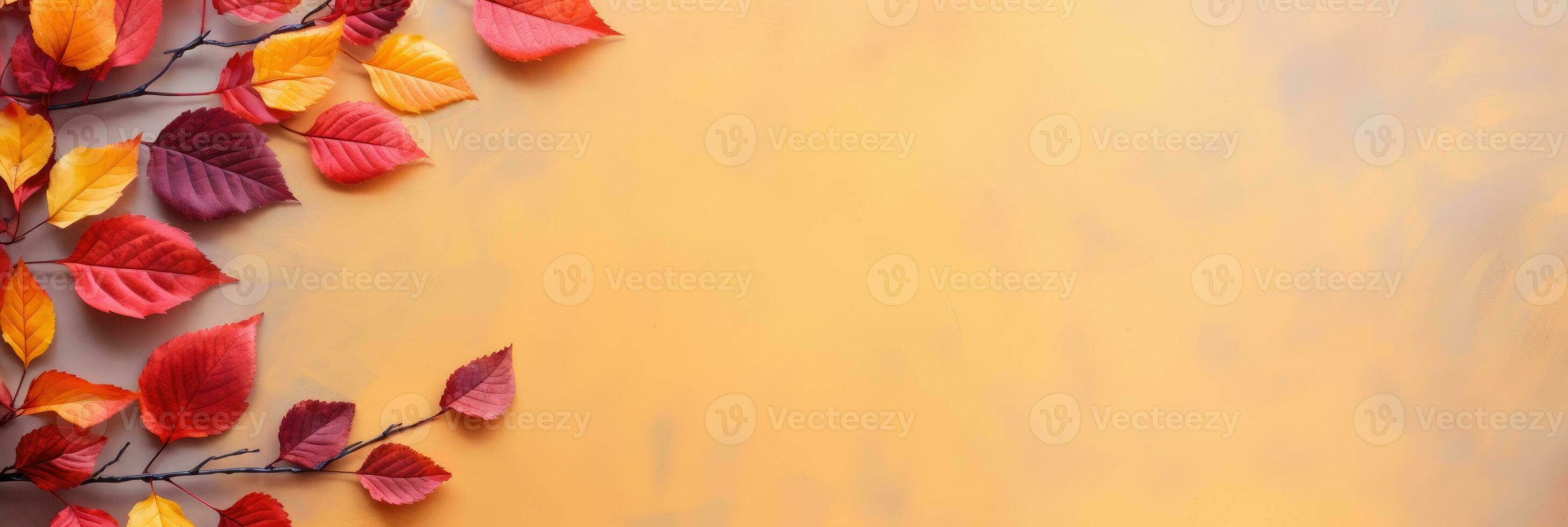 Autumn background with colored leaves on yellow background. Generative AI photo