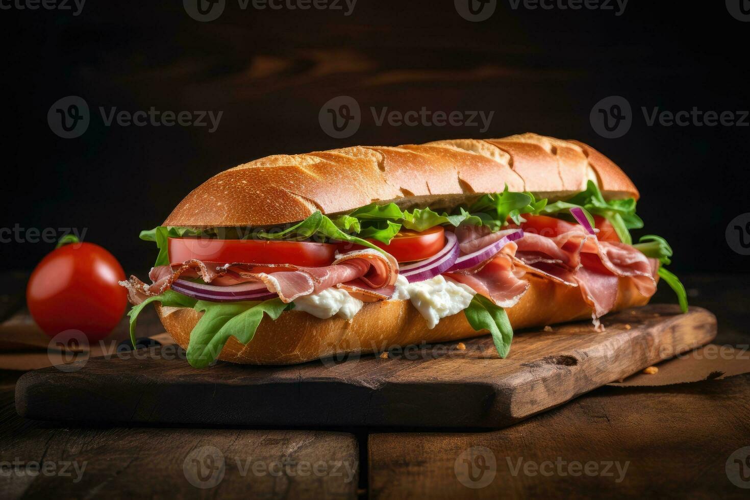 Sandwich with prosciutto, tomato and cheese on a wooden rustic background. photo