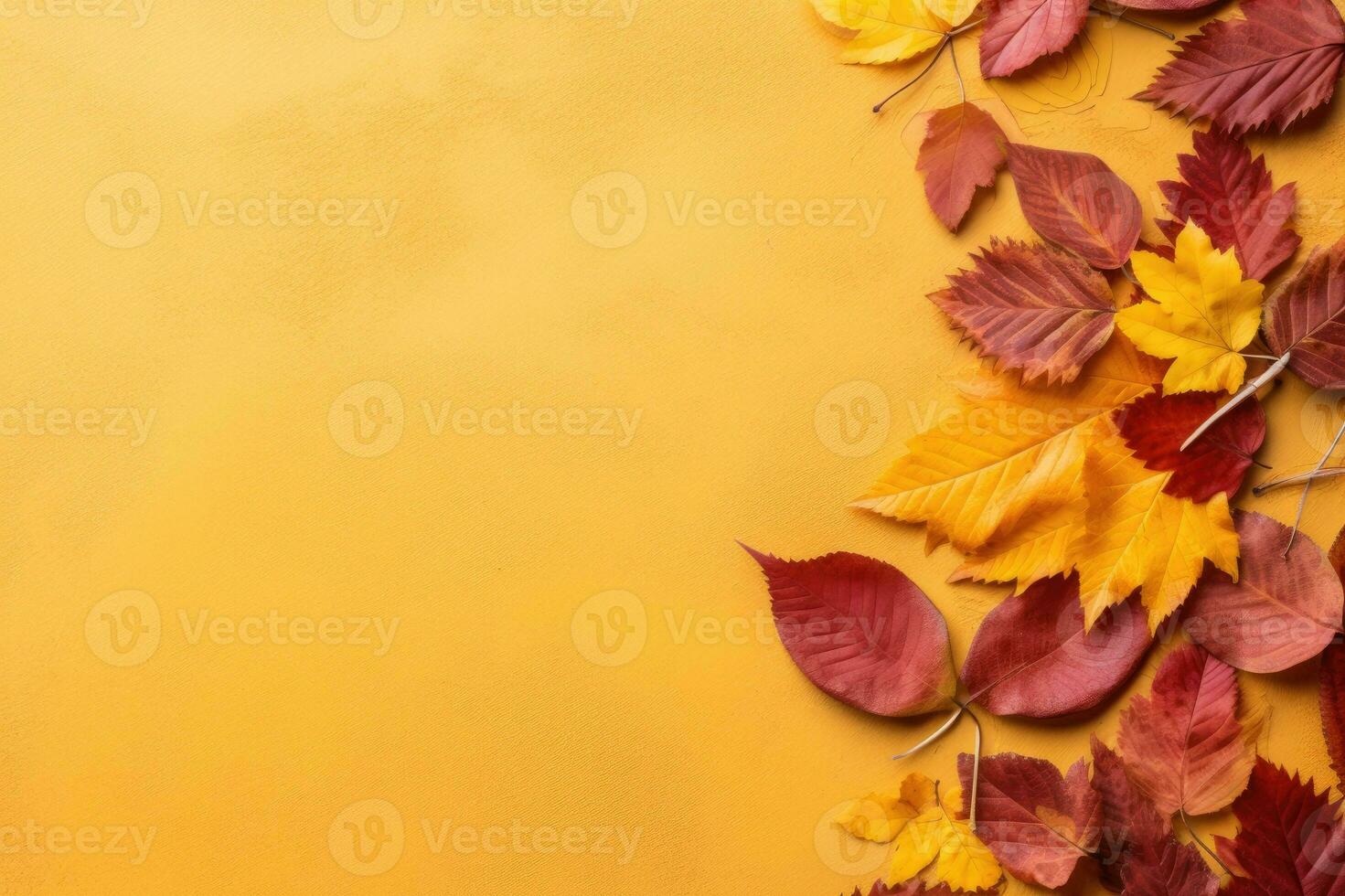 Autumn background with colored leaves on yellow background. Generative AI photo