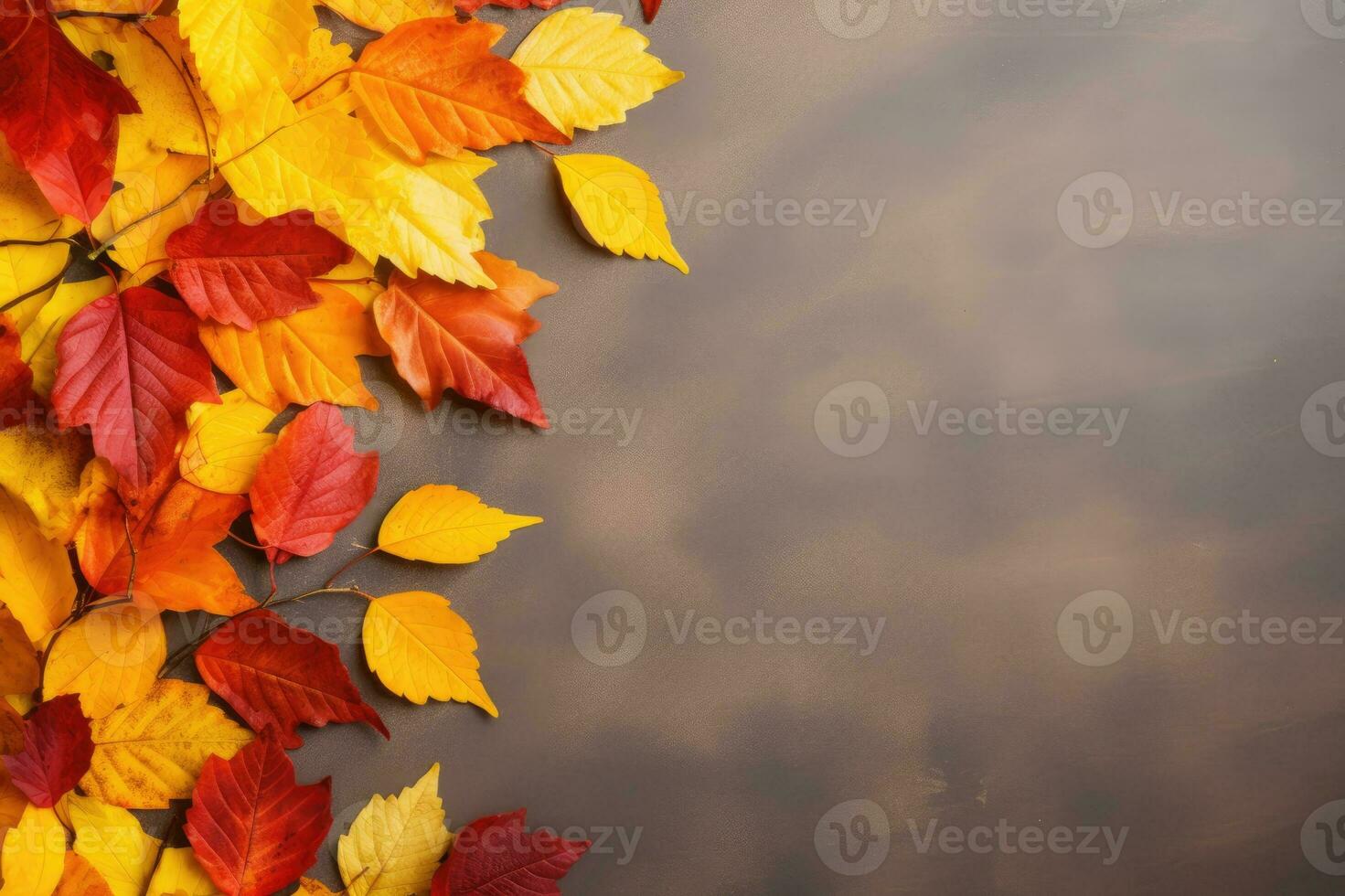 Autumn background with colored leaves on yellow background. Generative AI photo