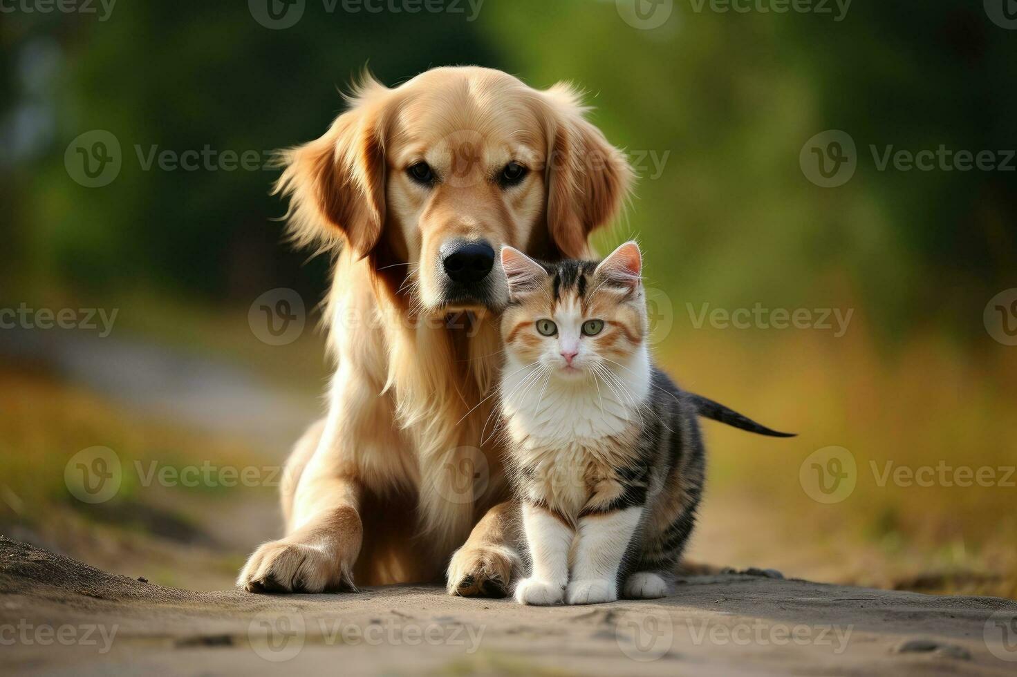 Retriever dog with a cat. Beautiful lovely pets. photo