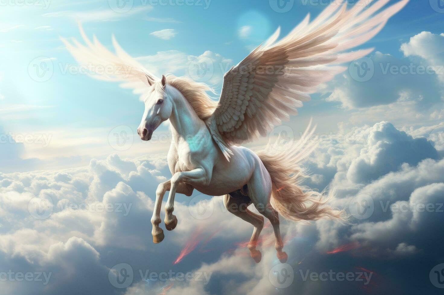 Majestic white horse with wings flying in the sky. Generative AI photo