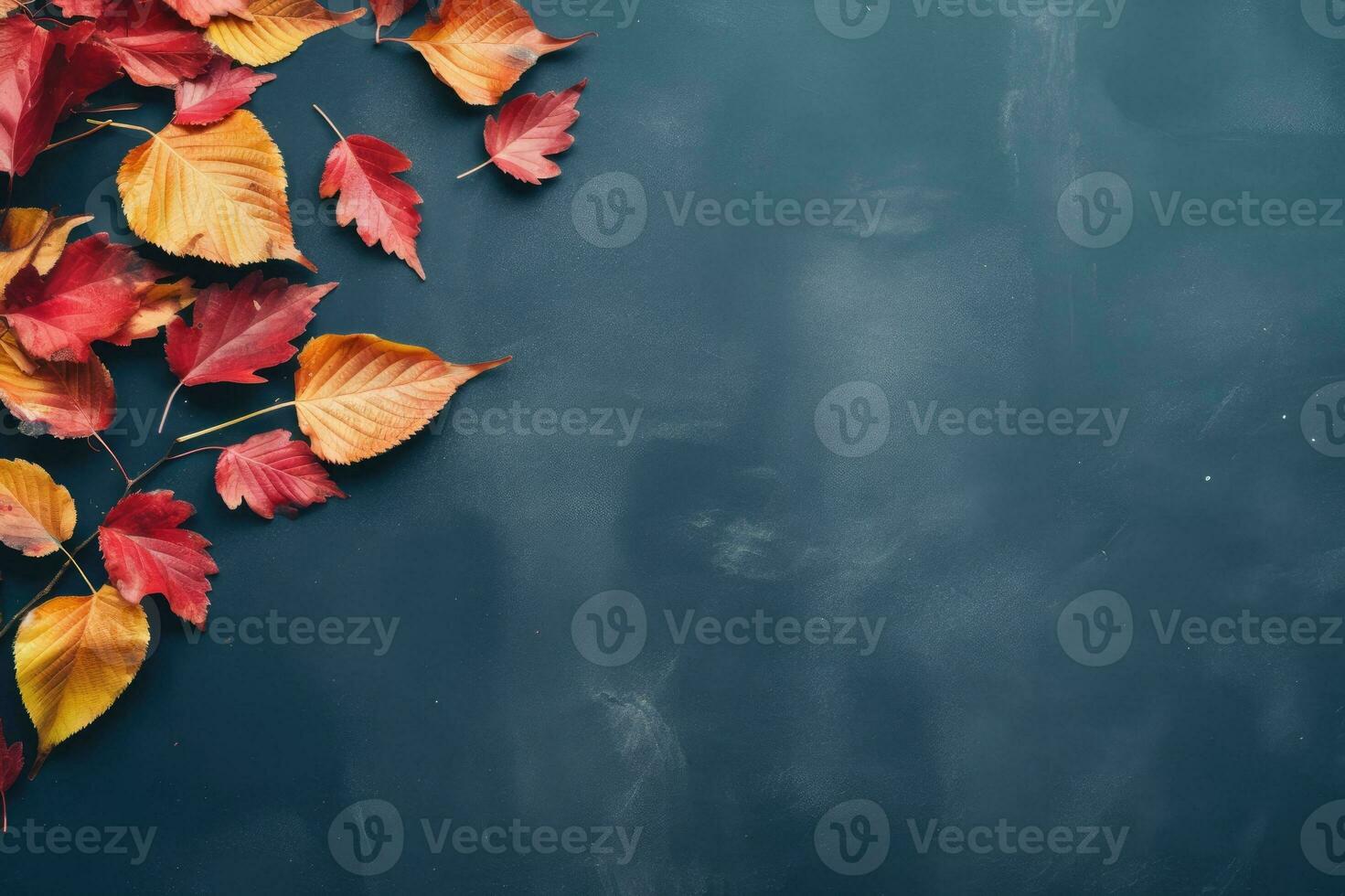 Autumn background with colored leaves on blue background. Generative AI photo