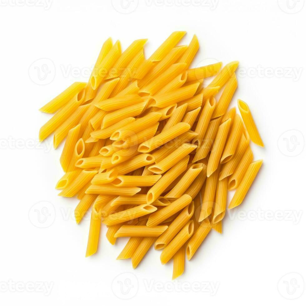 Penne rigate pasta isolated on white background top view photo