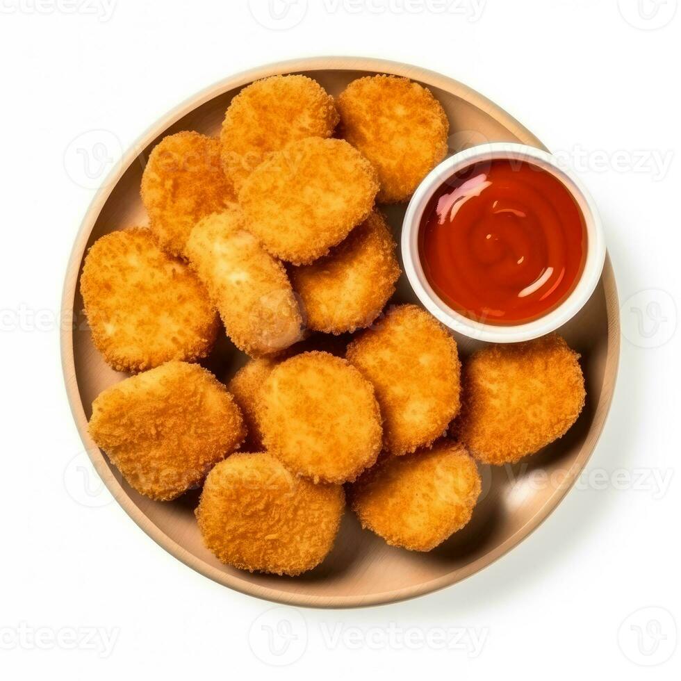 Chicken nuggets with dipping sauce isolated on white background top view photo