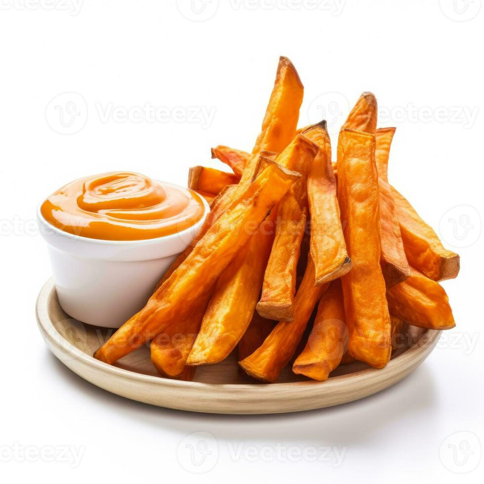 Sweet potato fries with sriracha mayo isolated on white background side view photo