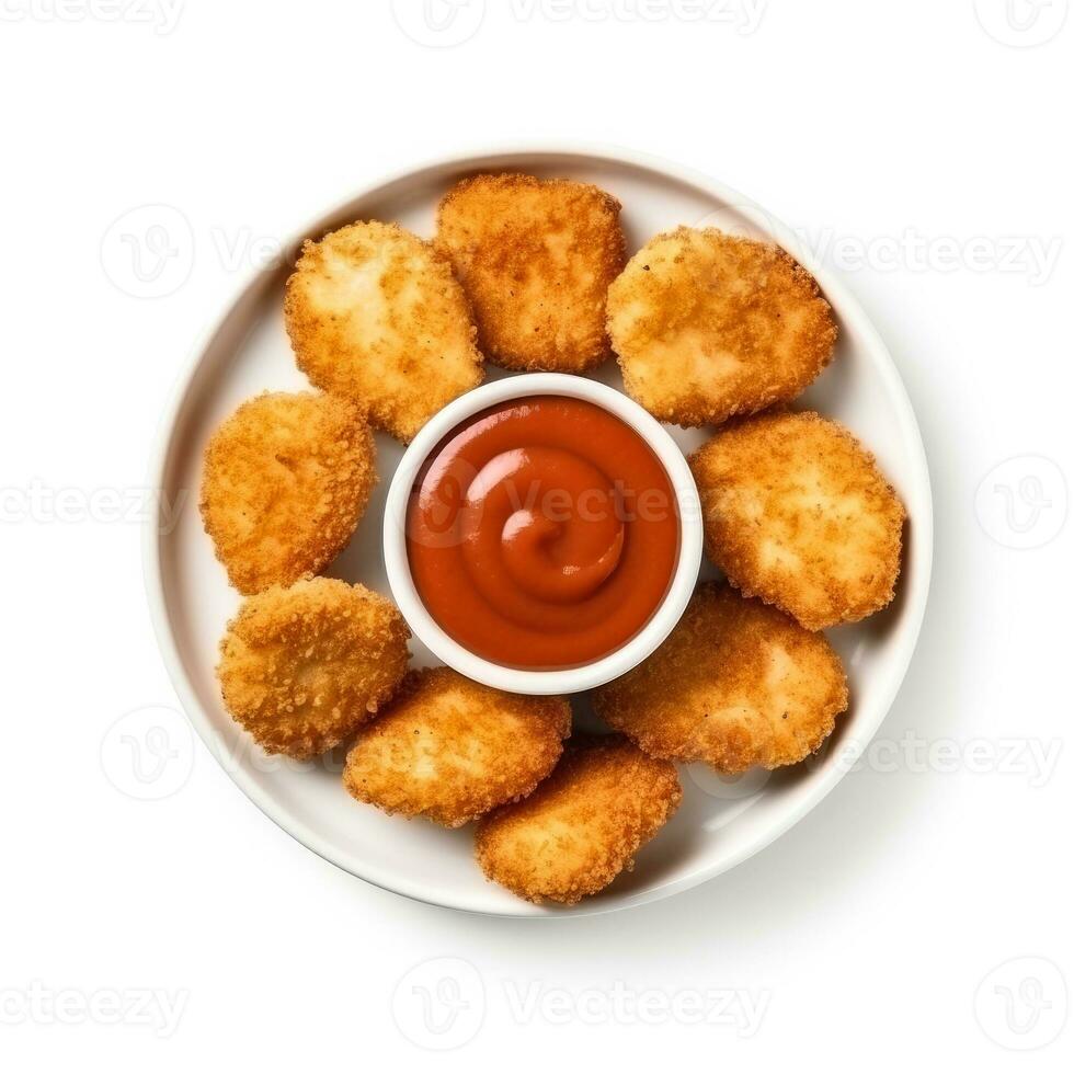 Chicken nuggets with dipping sauce isolated on white background top view photo