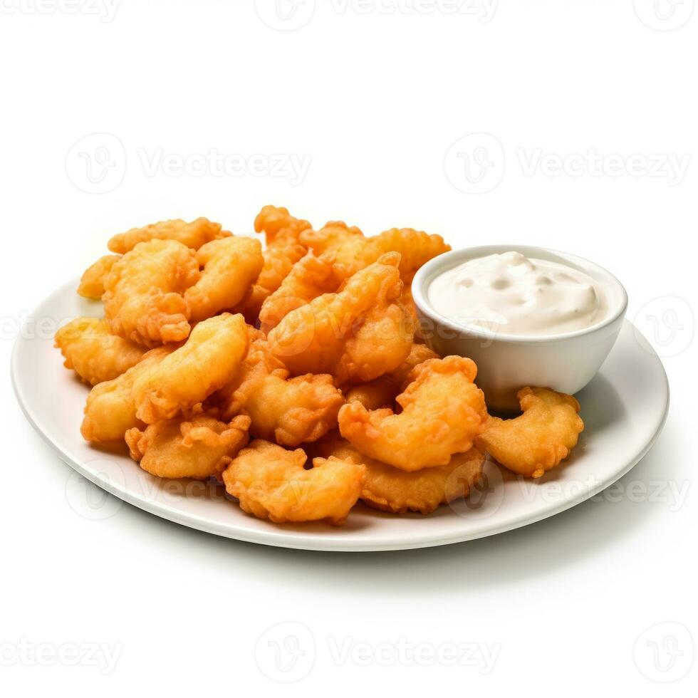 Fried shrimp with tartar sauce isolated on white background side view photo