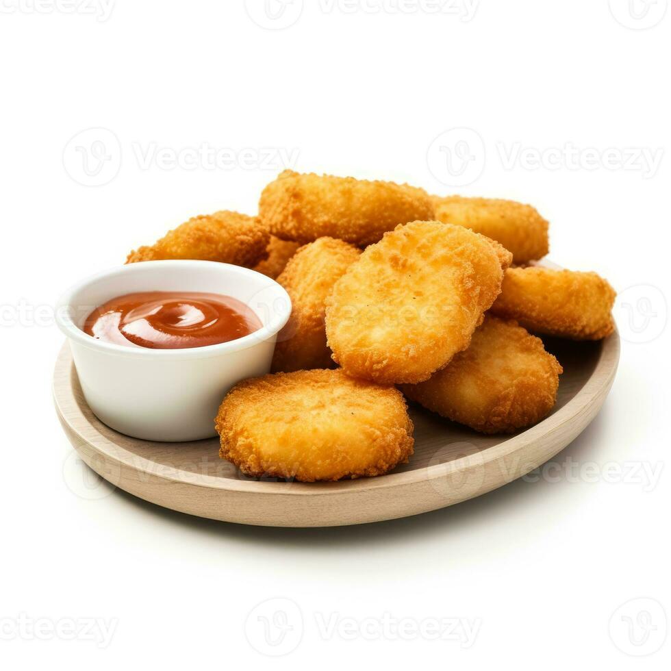 Chicken nuggets with dipping sauce isolated on white background side view photo