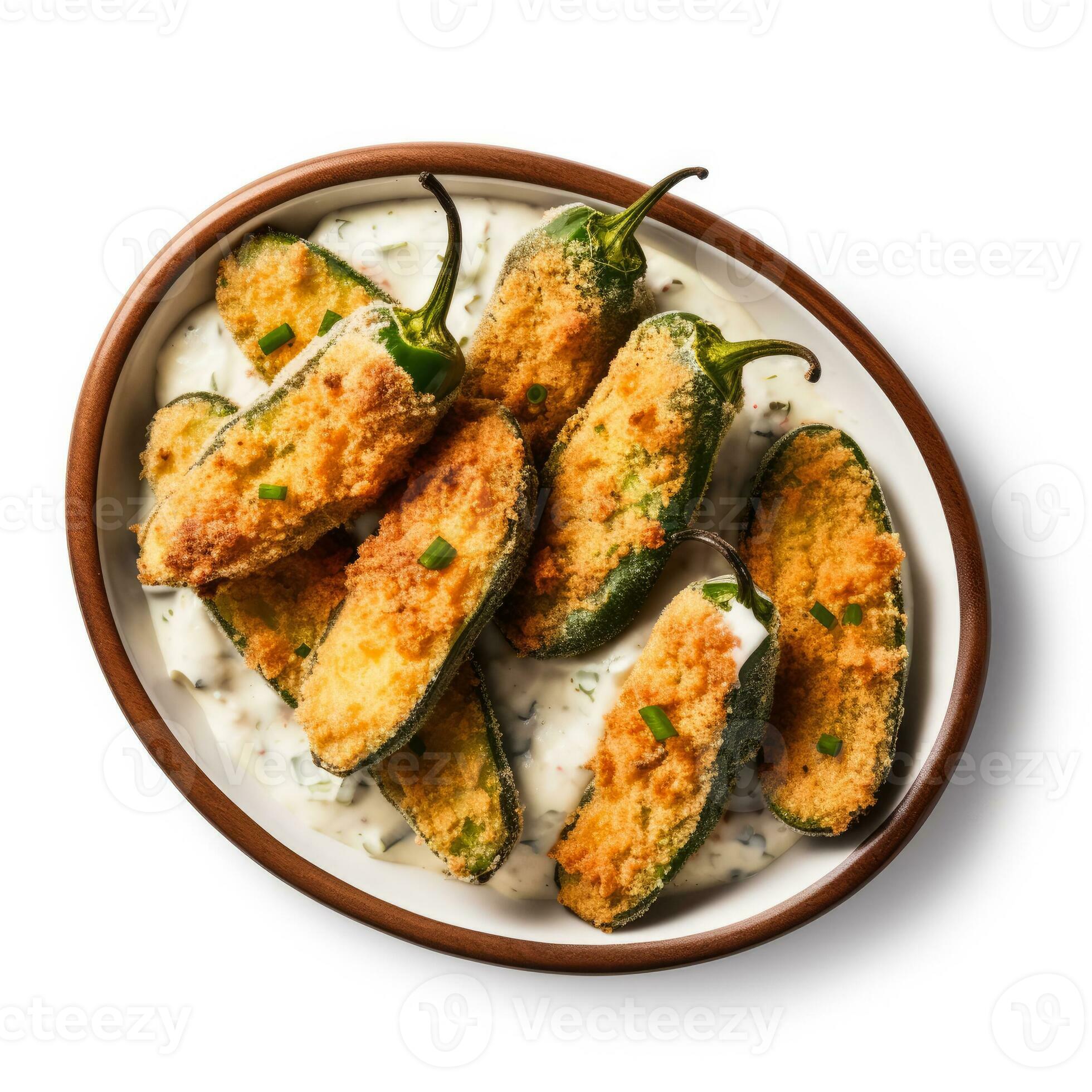 Jalapeno poppers with ranch dressing isolated on white background top