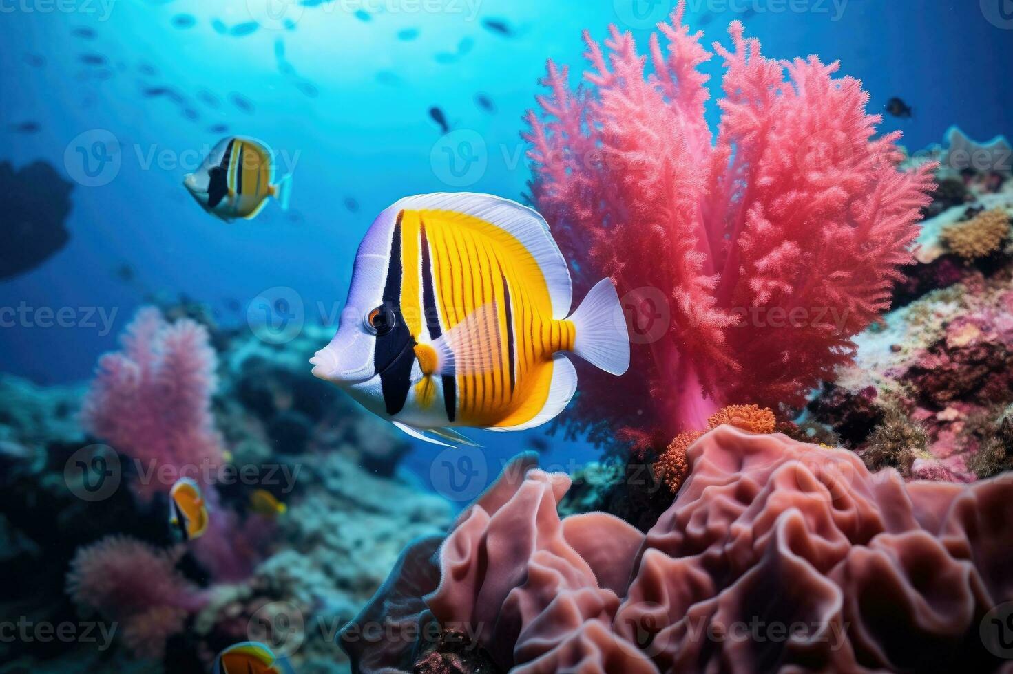 Fish over a coral reef in the sea. Generative AI photo