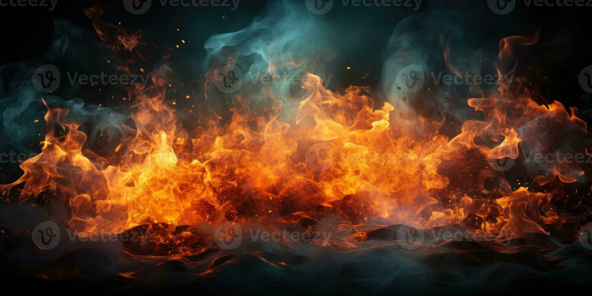 Fire flames and smoke on black background. Generative AI photo
