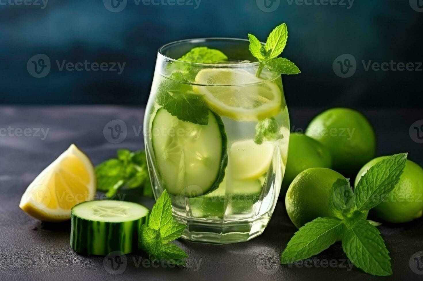 Cold drink with cucumber and lime. Infused cucumber drink with mint. Detox water. photo