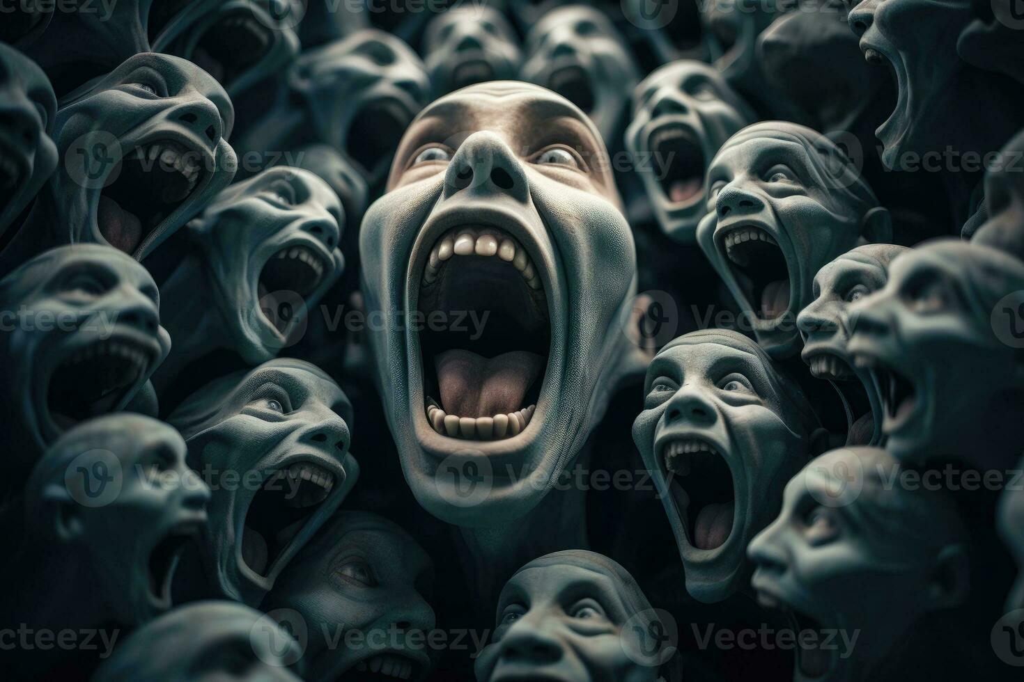 Many human faces is screaming out loud, idea for bad mental health and depression photo